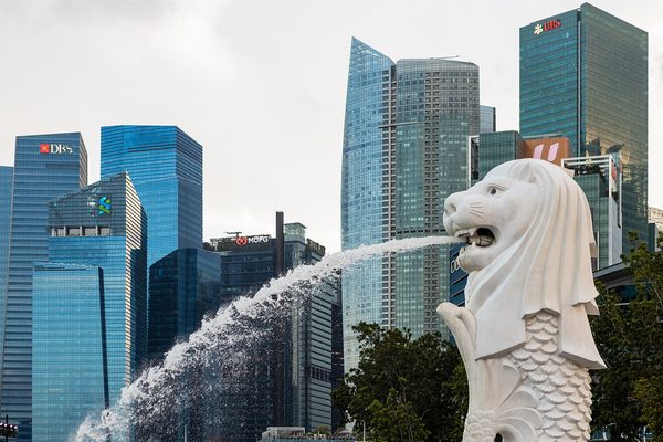 The Merlion statue spouting water at Marina Bay in Singapore, the landmark closed for cleaning in November