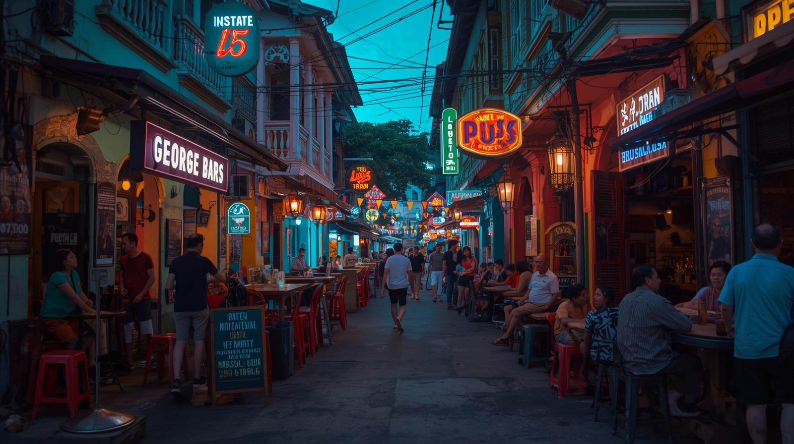 黄昏时分在俯瞰乔治市天际线的天台酒吧享用鸡尾酒
