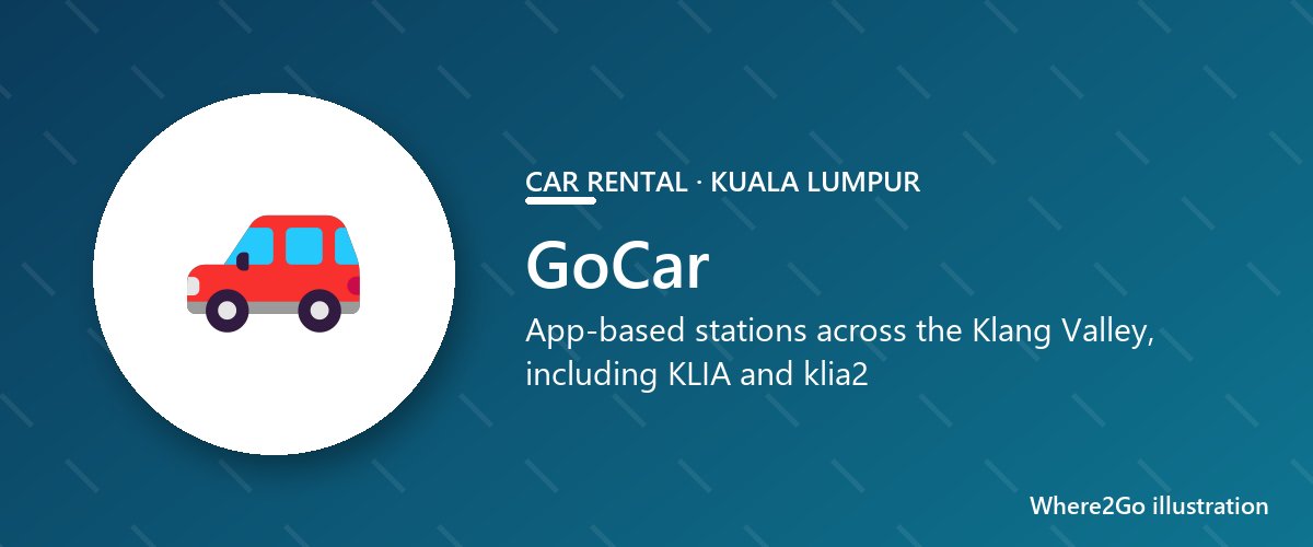 Ilustrasi untuk GoCar, sewa kereta di KLIA Terminal 1, Sepang (stesen di seluruh Lembah Klang), Kuala Lumpur