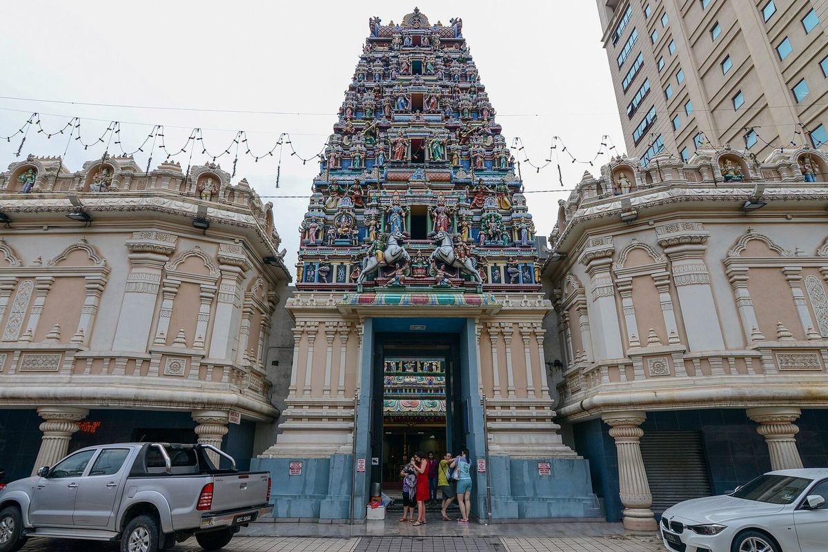 Sculpted gopuram tower over the entrance of Sri Mahamariamman Temple, Chinatown, Kuala Lumpur