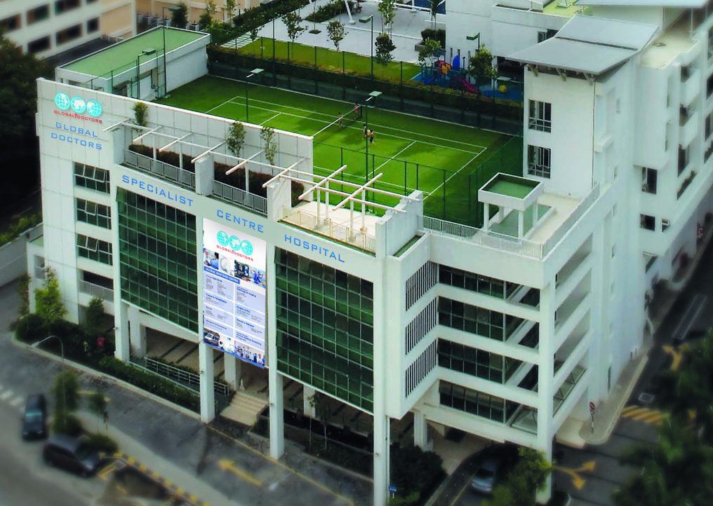 Aerial view of Global Doctors Hospital building with rooftop court, Jalan Kiara 3, Mont Kiara, KL