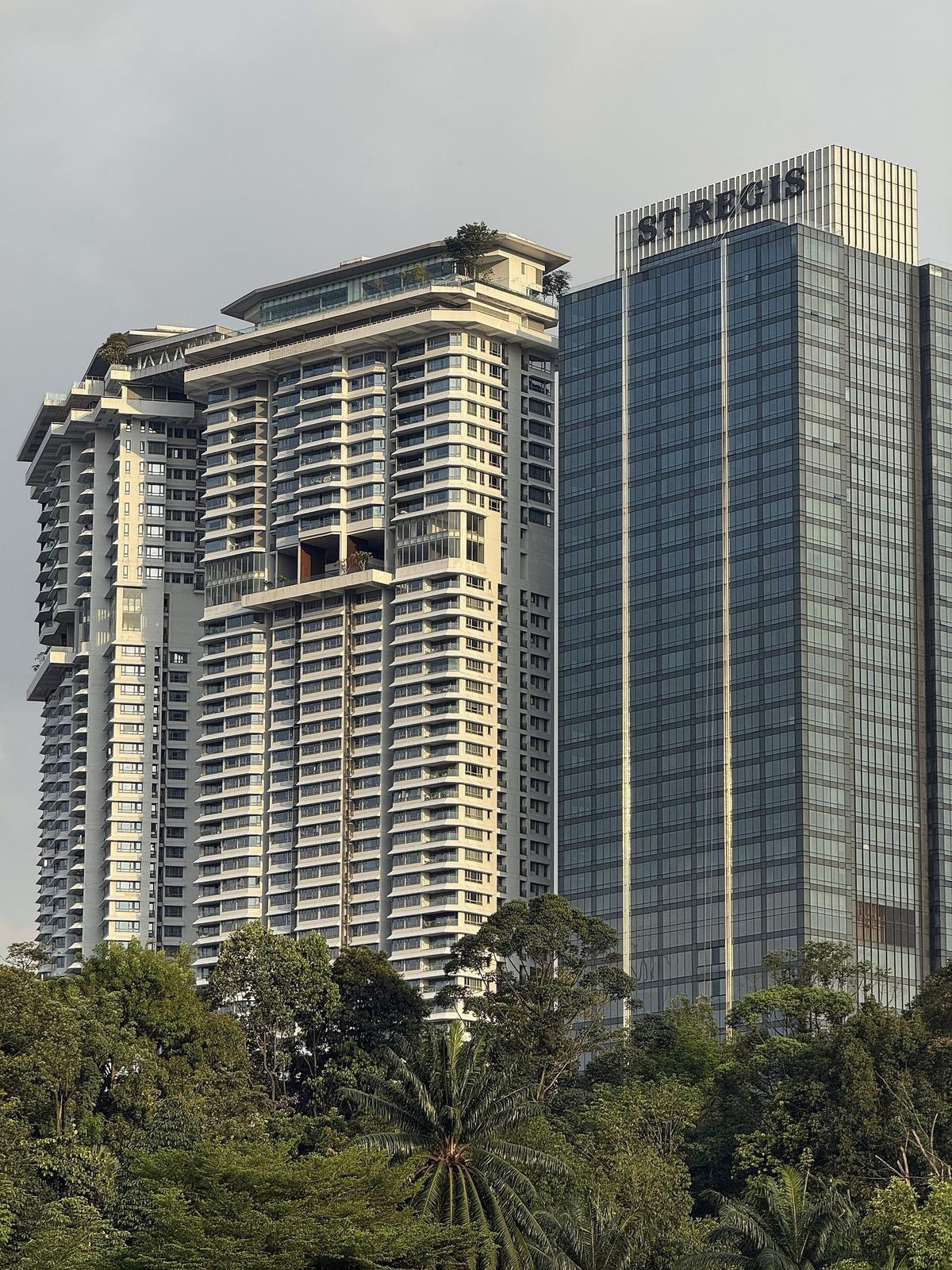 从 Perdana 植物园望见的 The St. Regis Kuala Lumpur 玻璃大楼及其楼顶标志，吉隆坡
