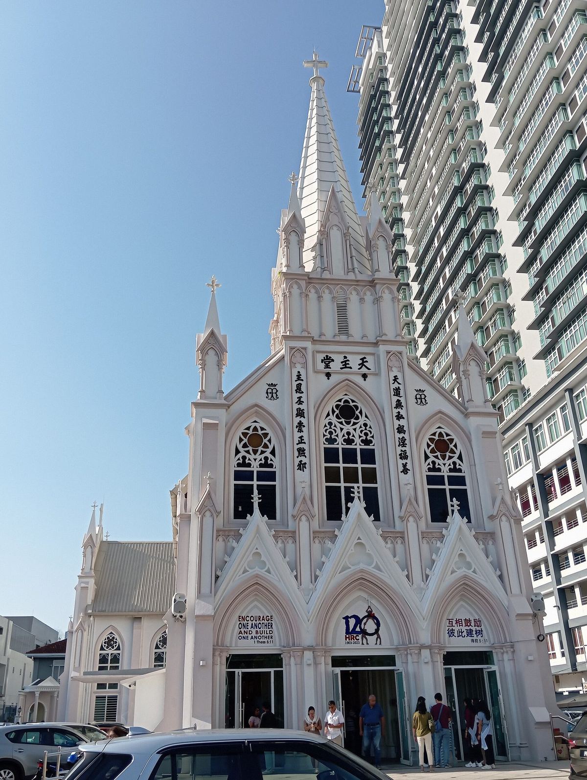 Gothic Revival facade and spire of the Church of the Holy Rosary in Brickfields, Kuala Lumpur