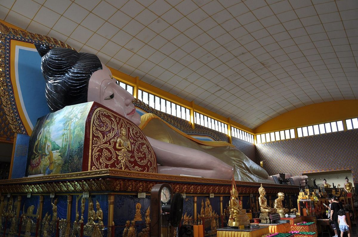 The 33 m reclining Buddha inside Wat Chaiyamangalaram, Pulau Tikus, Penang