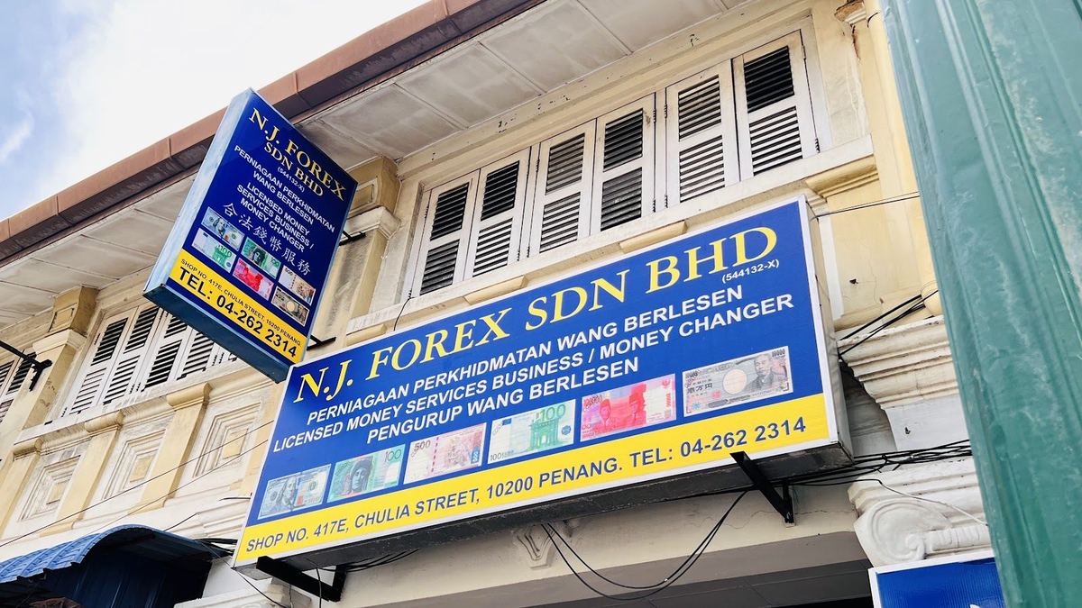 N.J. Forex money changer signboard above its shophouse at 417-E Lebuh Chulia, George Town, Penang
