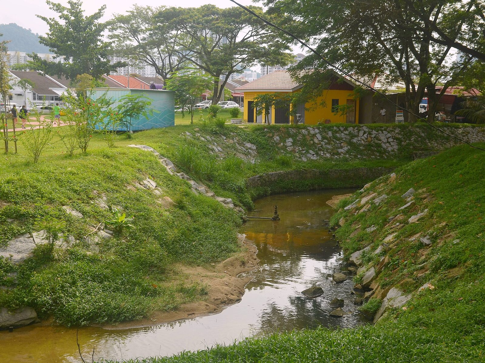 Sungai Ara mengalir di antara tepi berumput di Sungai Ara Linear Park, dengan pejalan kaki di jalan setapak dan rumah-rumah di belakangnya