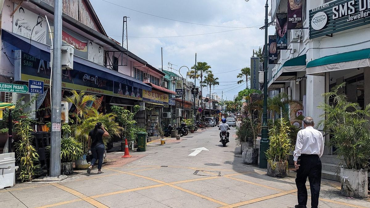 Ruko, toko perhiasan, dan tanaman pot di sepanjang Lebuh Pasar di Little India, George Town, Penang