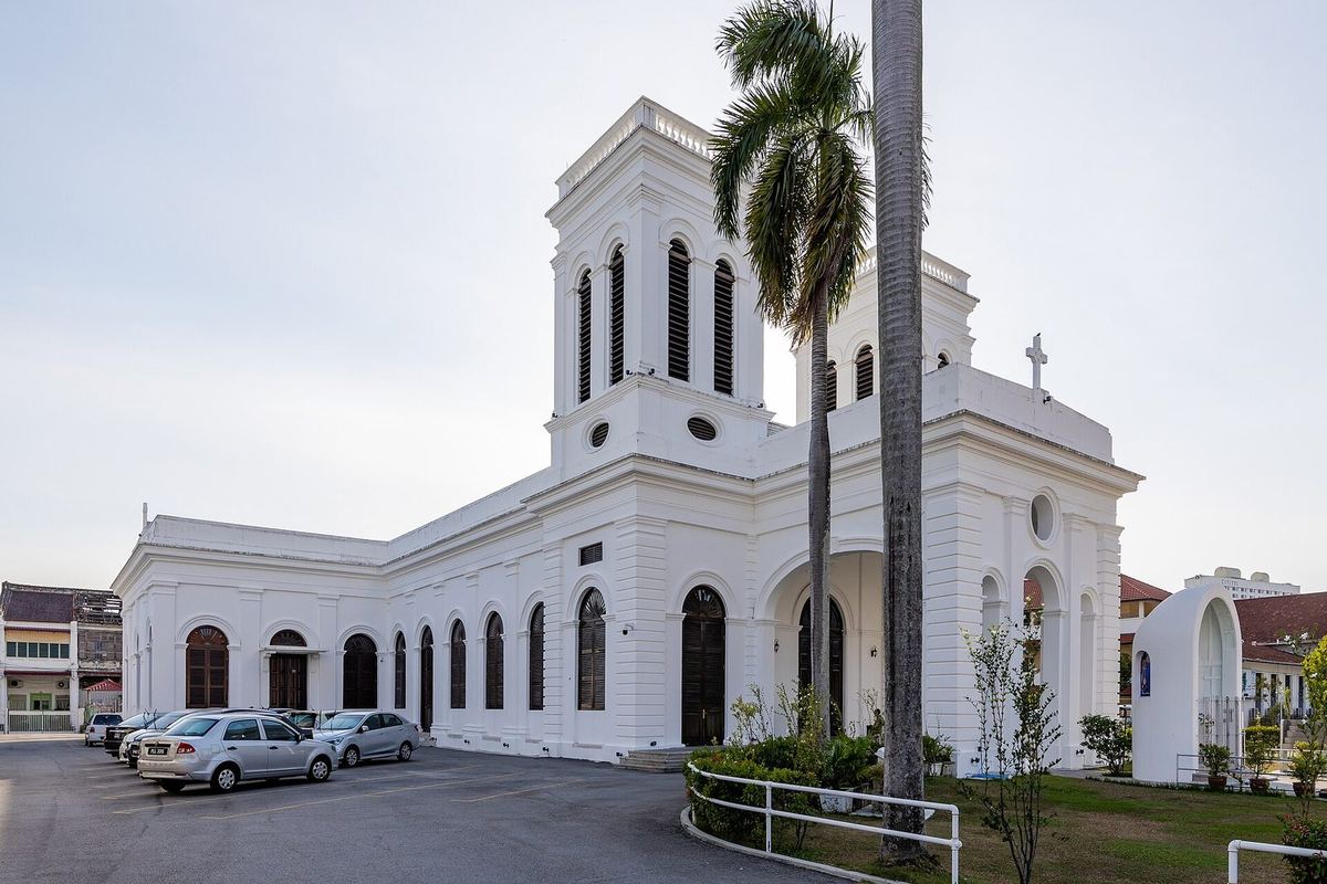 White neoclassical Church of the Assumption on Lebuh Farquhar, George Town, Penang