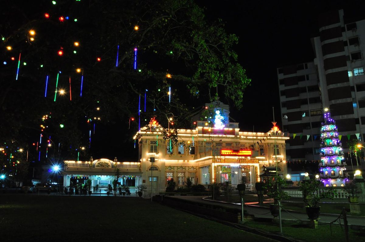 Penang Buddhist Association building on Jalan Anson lit up at night for Wesak, George Town, Penang