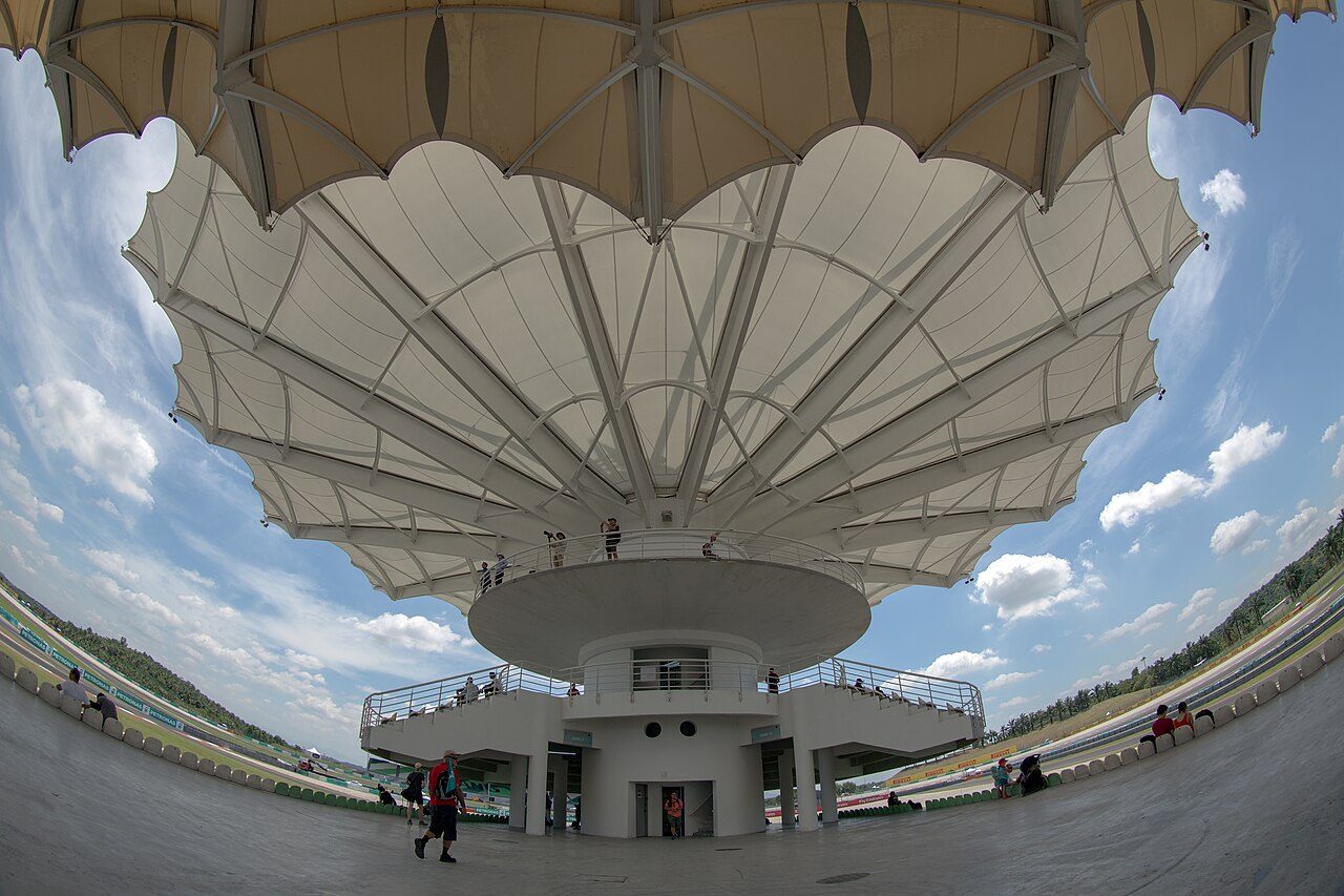 Fisheye view of the roof canopy over the main grandstand tower at Sepang International Circuit