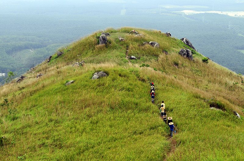 Line of hikers walking up the grassy ridge of Broga Hill with rocks and forest below, Semenyih, Selangor