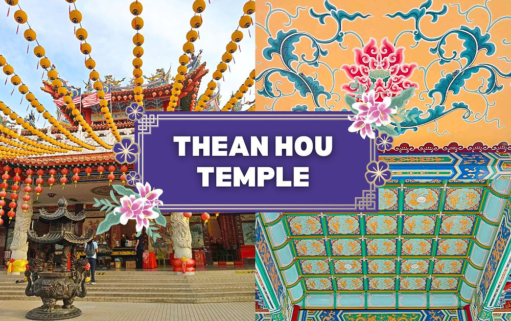 Kolase lampion dan langit-langit berlukis Thean Hou Temple dengan nama kuil
