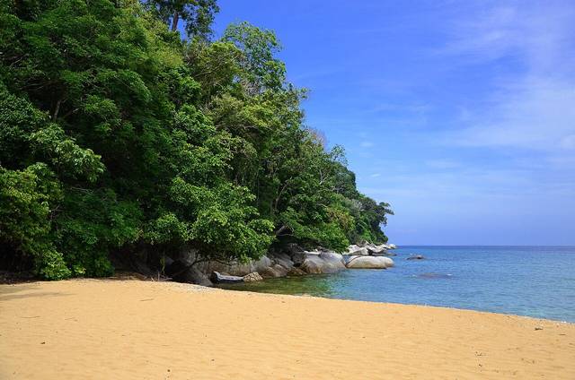 A quiet cove of golden sand at Pulau Tioman with forest down to granite boulders and clear blue water