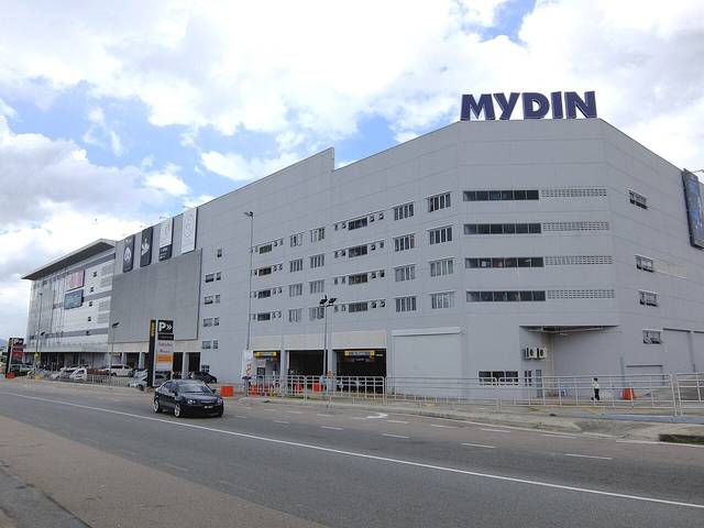 Mydin Mall Mutiara Rini, one of the large supermarkets in Johor Bahru, a tall grey building with a blue Mydin sign on the roof