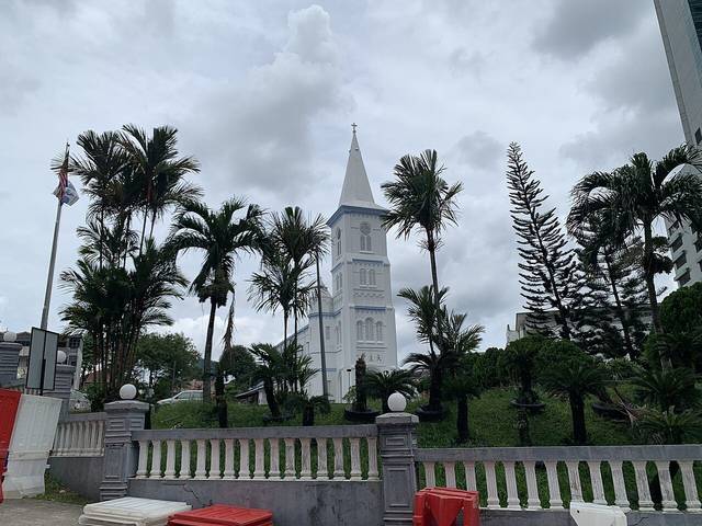 The white bell tower of the Church of the Immaculate Conception in Johor Bahru rising above palm trees on a grassy slope