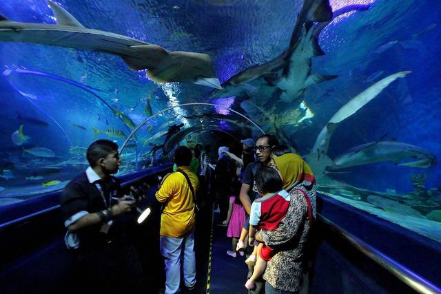 Visitors walking through the underwater shark tunnel at Aquaria KLCC, Kuala Lumpur