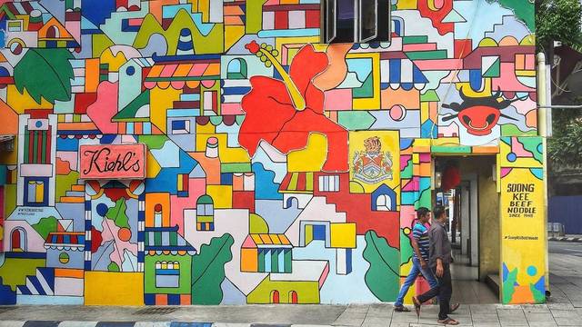 Colourful mural wall and entrance of Soong Kee Beef Noodle in Chinatown, Kuala Lumpur
