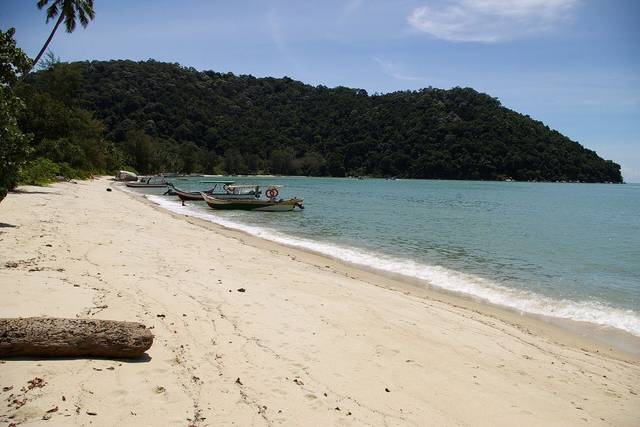 Quiet sand and moored boats at Monkey Beach (Teluk Duyung), Penang National Park