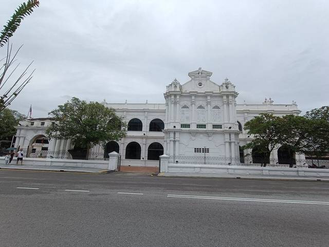 White colonial facade of the Penang State Museum on Lebuh Farquhar, George Town, Penang